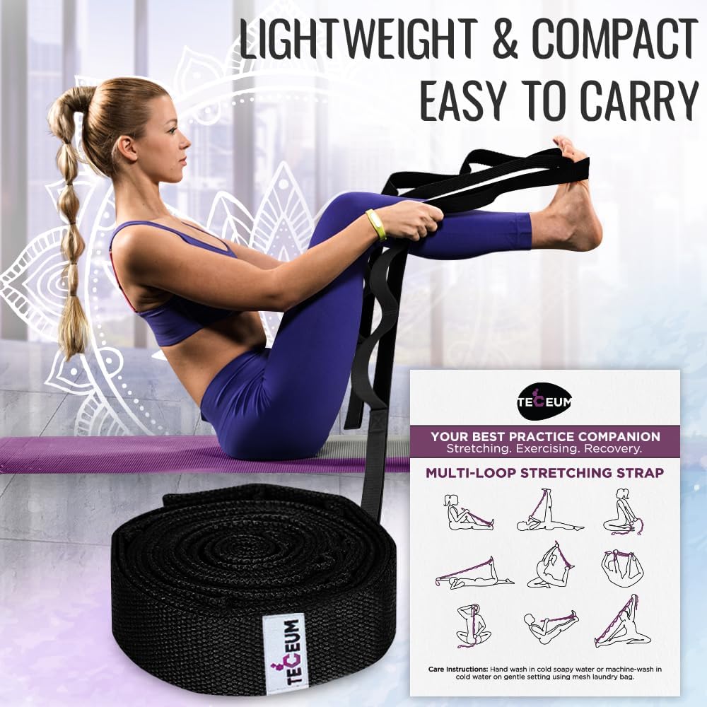 Stretching Strap with 10 Loops for Physical Therapy & Rehab | Non-Elastic Yoga Stretch Band for Hamstring, Leg, Hip & Knee Rehab, Pilates, Flexibility & Mobility Exercises for Men & Women