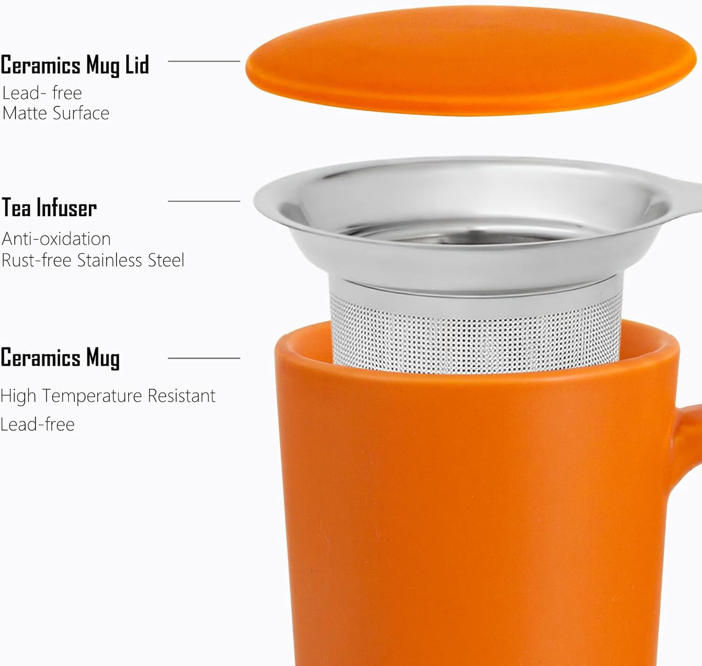 Tea Cup with Infuser and Lid,20 oz Orange Tea Mug with Handle | Ceramic Strainer Cup for Steeping Loose Leaf Gifts for tea Lovers