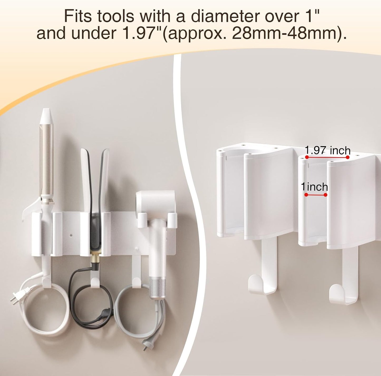 Hair Tool Organizer Wall Mount, Hair Dryer & Curling Iron Storage | 3-Compartment Blow Dryer and Straightener Holder, Screw Mounting, Aluminum Alloy & ABS, White (Hair Tools Not Included)