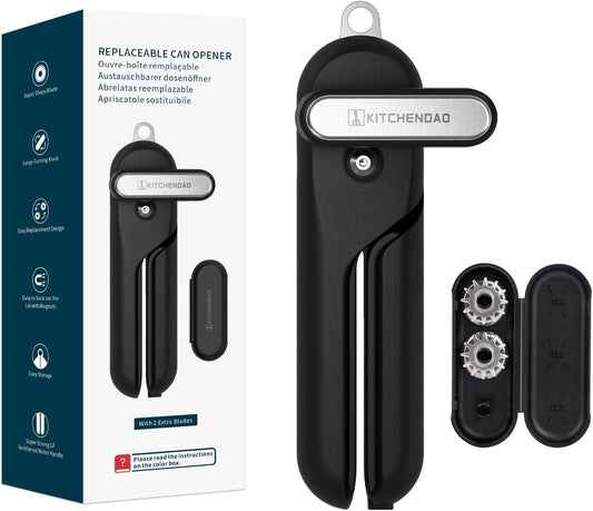 KITCHENDAO Replaceable Can Opener with 2 Extra Blades, Super Sharp Manual Can Opener with Magnet, Smooth Edge Cut Handheld Tin Opener, Large Turning Knob for Seniors & Arthritis, Black