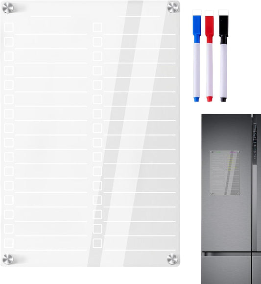 Acrylic Meal Planner Acrylic Clear Dry Erase Meal Planner | Acrylic Magnetic Marker Board for Fridge Kitchen Grocery List Shopping List Chore Chart Dry Erase Board, 3 Color Markers,