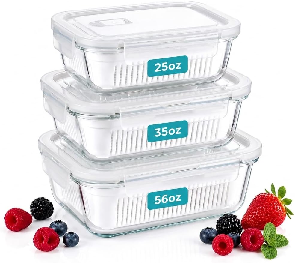 Glass Berry Container for Fridge, 3 Pack, 56oz 35oz 25oz, with Removable Colander and Vent Valve, Fresh Produce Storage Set(White)