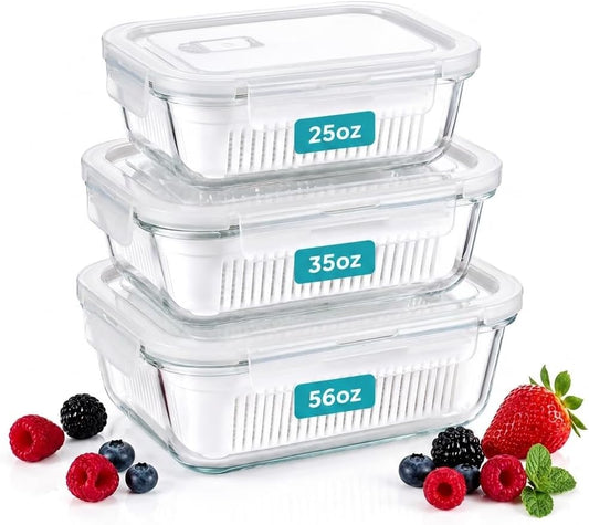 Glass Berry Container for Fridge, 3 Pack, 56oz 35oz 25oz, with Removable Colander and Vent Valve, Fresh Produce Storage Set(White)