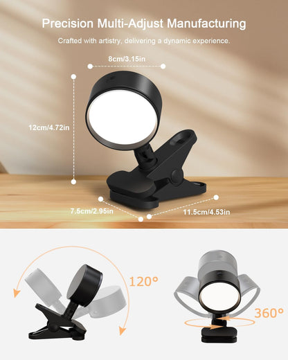 Clip on Light with 5000mAh Rechargeable Battery Operated, Eye Care Reading Light for Bed with 360° Rotation Touch & Remote, USB Clamp Light with 3 Color Modes & Dimmable for Headboard Bedside (black)