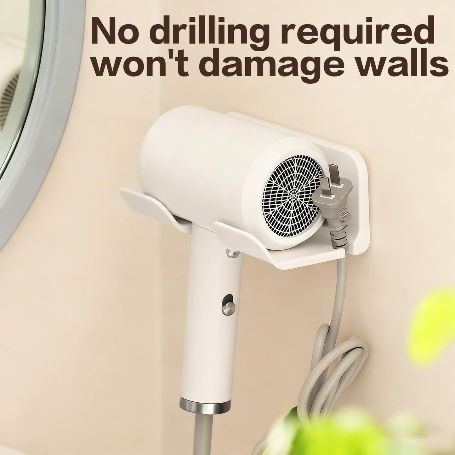 Universal Hair Dryer Holder Wall Mount, Blow Dryer Hanger with Plug Cord Organizer, No Drilling Self Adhesive for Bathroom Cabinet Door Vanity (1PCS, White)