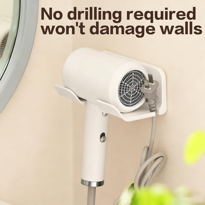 Universal Hair Dryer Holder Wall Mount, Blow Dryer Hanger with Plug Cord Organizer, No Drilling Self Adhesive for Bathroom Cabinet Door Vanity (1PCS, White)