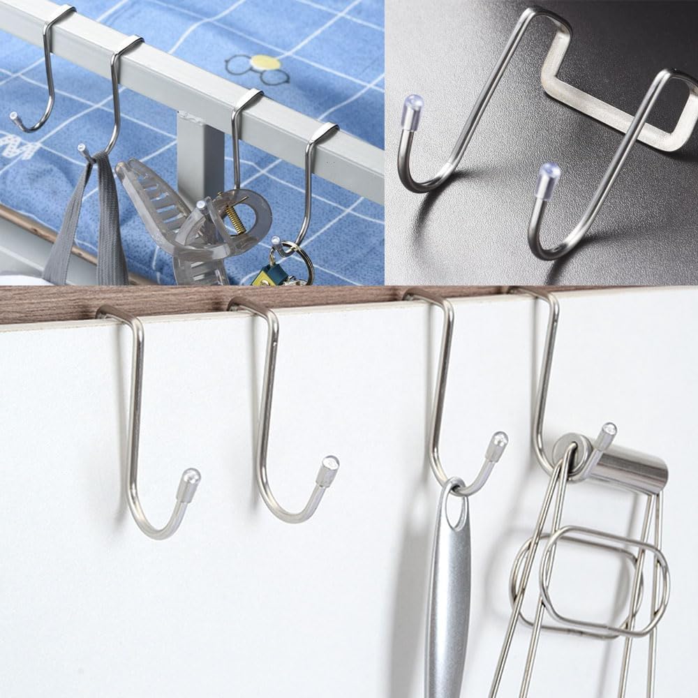 4 Pack Shower Door Hooks Stainless Steel Double Hooks Towel Hook Bathroom Squeegee Holder Over Glass Door Hook for Bathroom Semi-Frameless Sliding Shower Door Soap Saver Bag Pouch