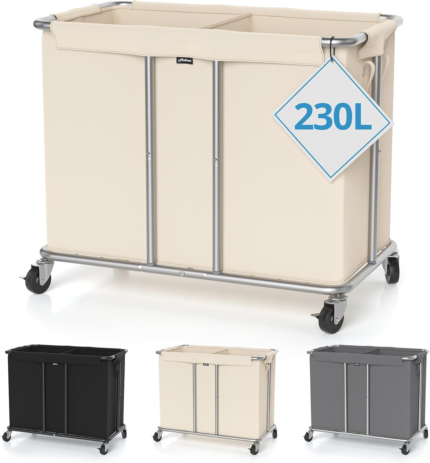 Hodonas Rolling Laundry Hamper 2-Section, Beige, 31.5"Lx15.75W"x30.7"H | 230L(61Gal) Storage Capacity, with Metal Structure, Removable Liner, and Silent Casters, Sturdy Clothes Hamper for Home