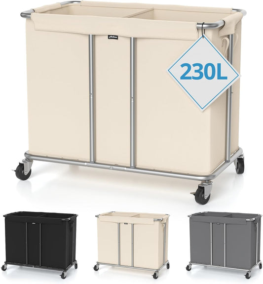Hodonas Rolling Laundry Hamper 2-Section, Beige, 31.5"Lx15.75W"x30.7"H | 230L(61Gal) Storage Capacity, with Metal Structure, Removable Liner, and Silent Casters, Sturdy Clothes Hamper for Home