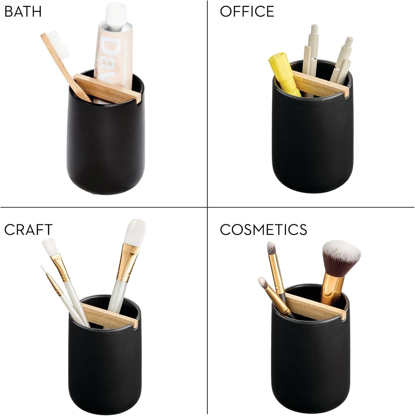 iDesign Ceramic Earth Collection Toothbrush Holder, Moss/Natural Wood | Paulownia Wood Divider