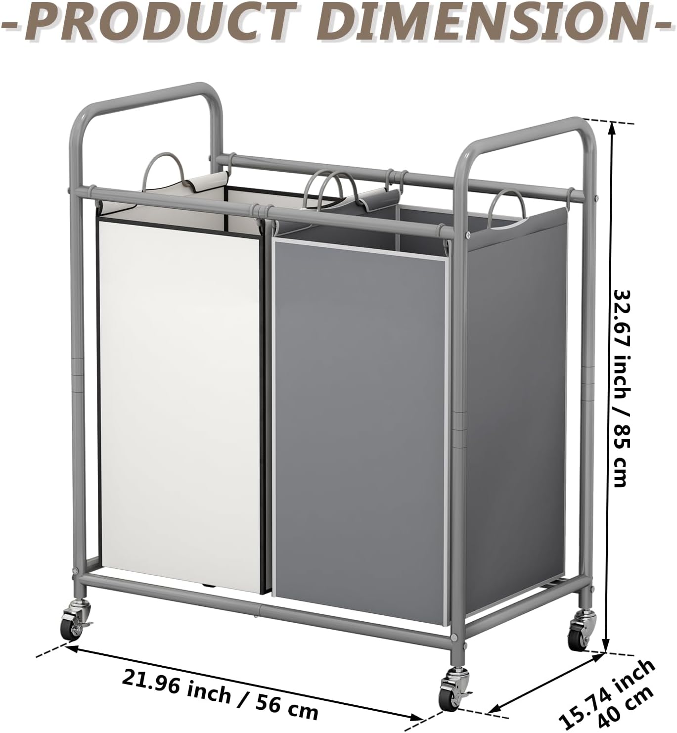 SUOERNUO Laundry Hamper with Lockable Wheels and 2 Removable Bags | Rolling Laundry Basket Laundry Sorter 2 section for Dirty Clothes in Laundry Room or Small Spaces, Grey+Beige