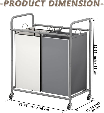 SUOERNUO Laundry Hamper with Lockable Wheels and 2 Removable Bags | Rolling Laundry Basket Laundry Sorter 2 section for Dirty Clothes in Laundry Room or Small Spaces, Grey+Beige