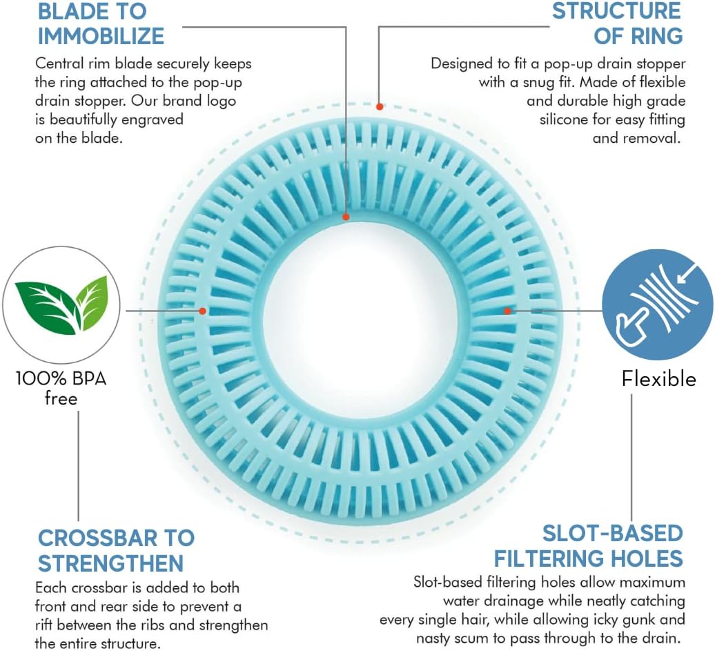 TubRing Pop-Up Drain Protector & Strainer Silicone Hair Catcher, Aqua | Easy snap-in design fits around bathtub stoppers. Customizable utility guard for clog prevention. Fits 1.85"- 2.16" drains.