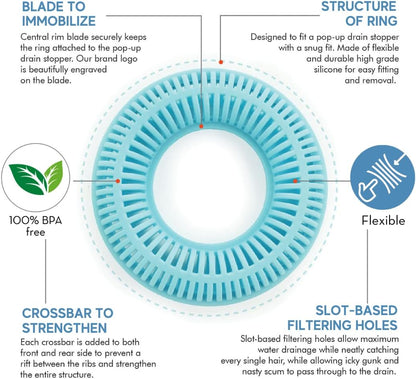 TubRing Pop-Up Drain Protector & Strainer Silicone Hair Catcher, Aqua | Easy snap-in design fits around bathtub stoppers. Customizable utility guard for clog prevention. Fits 1.85"- 2.16" drains.