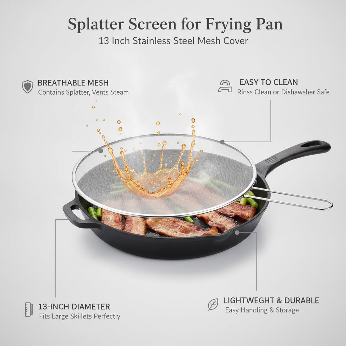 Stainless Steel Splatter Screen for Frying Pan, 13 Inch Mesh Oil Guard to Keep Stovetop Clean (1 Piece)