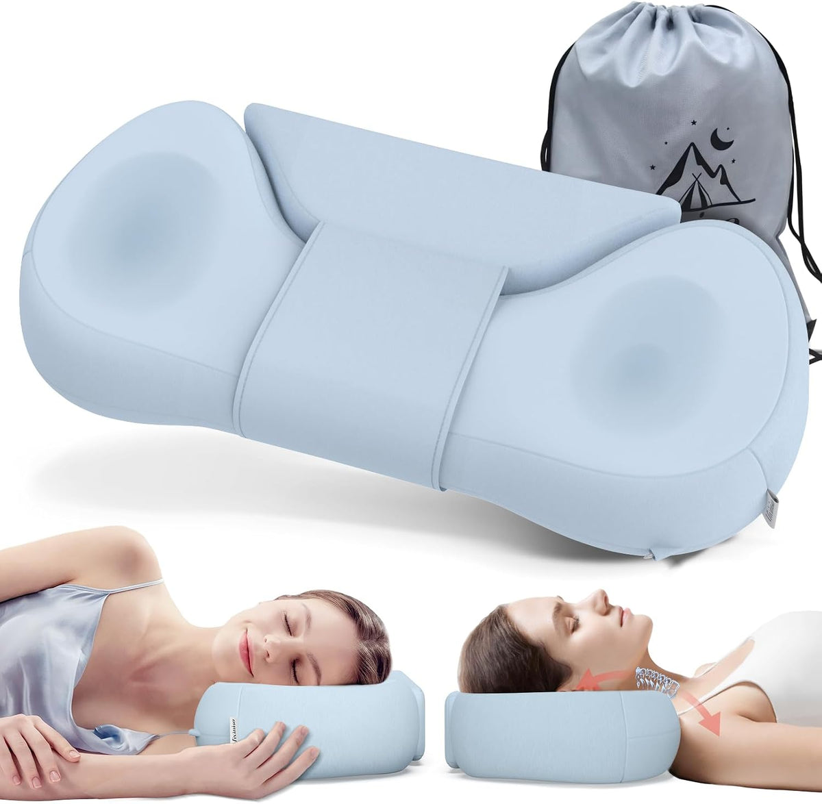 Cervical Neck Roll Pillow, Say Goodbye to Neck Pain, Travel Neck Support Pillow for Side Sleepers, Ergonomic Memory Foam Camping Pillow, Cervical Traction Device with Storage Bag (Blue)