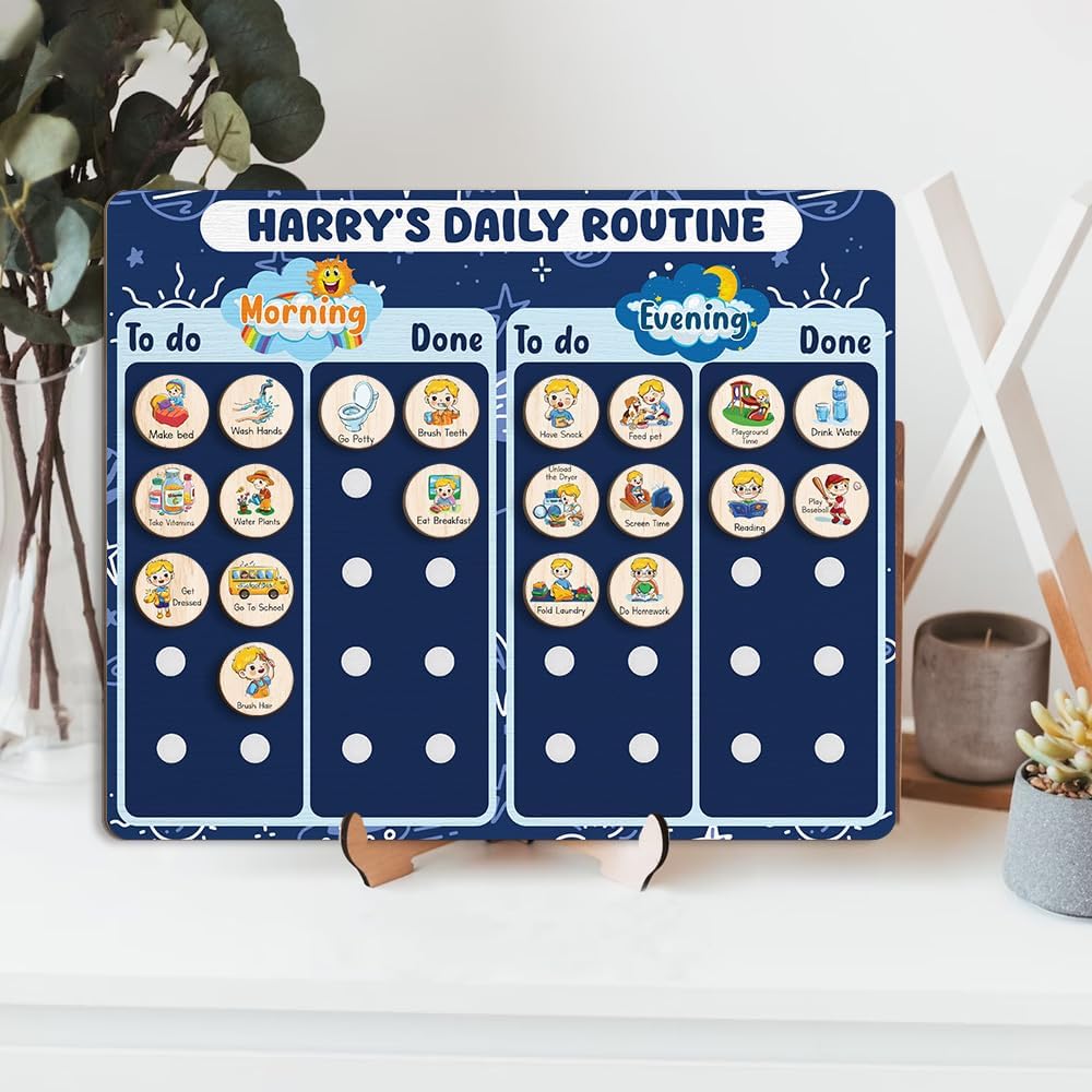 Daily Routine Chart for Kids, Visual Schedule, Routine Chart for Toddlers 3-5, Morning Bedtime Routine Chart for Toddlers, Wooden Chore Chart for Kids