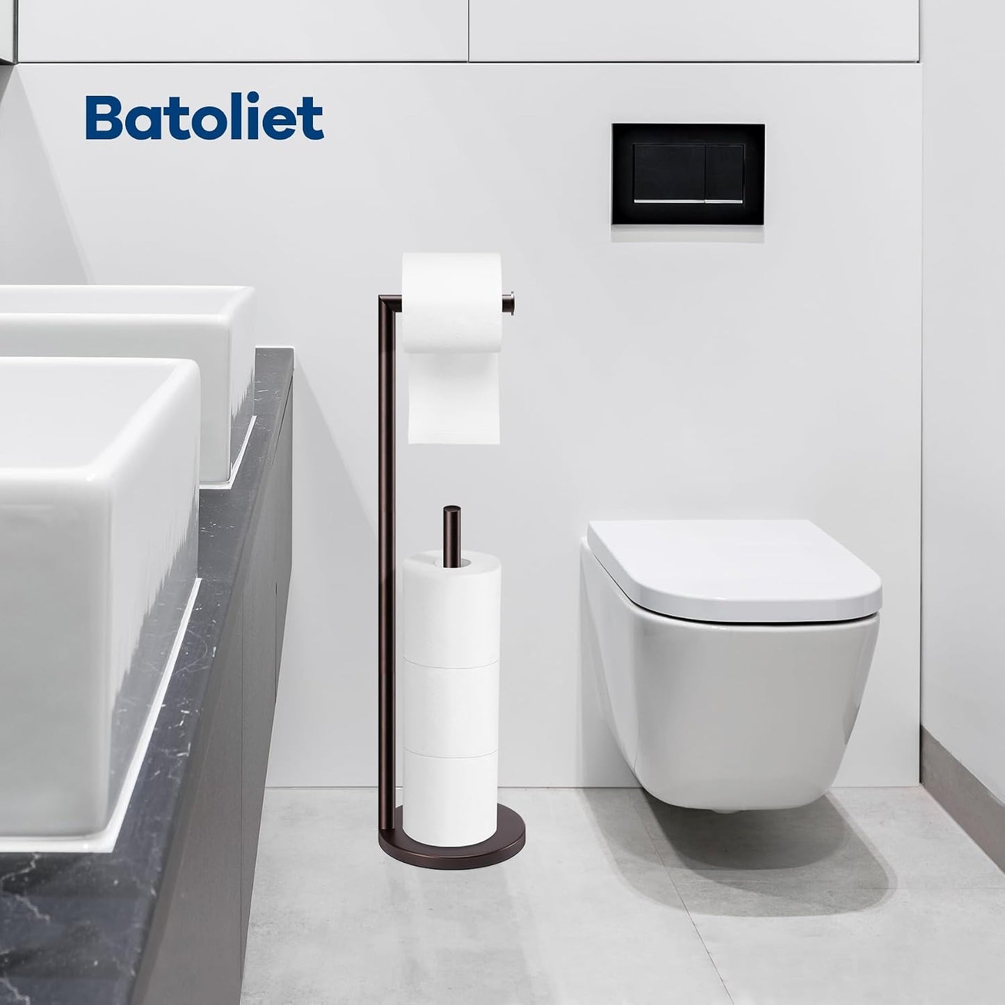 Toilet Paper Holder Stand, Bathroom Free Standing with Storage, Black | Rustproof Toilet Paper Roll Holder for 4 Rolls,with Non-Slip Stable Base,Bathroom Organizers and Storage