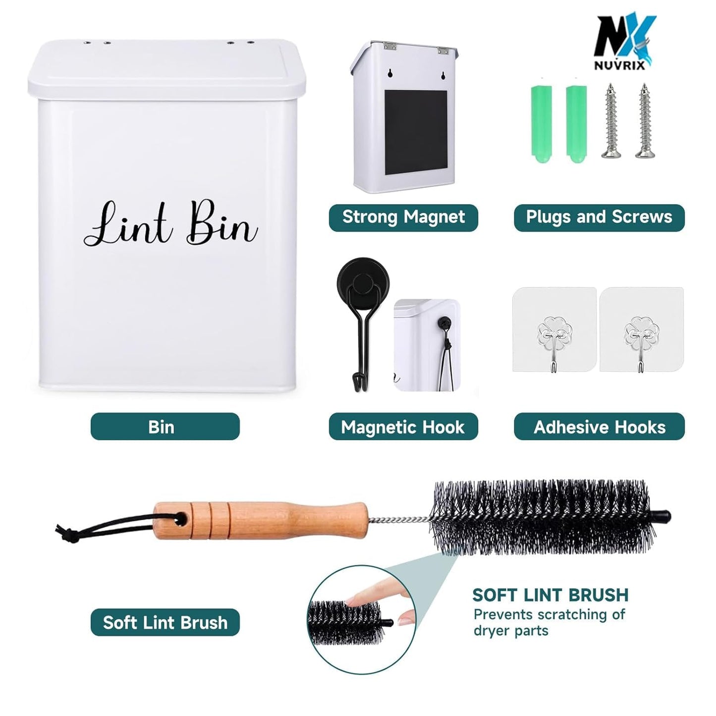 Magnetic Lint Bin for Laundry Room, Dryer lint bin Shiny White | galvanized metal body 1 Soft Lint Brush Included, 1 Magnetic Hook Included, 2 adhasive Hooks Included, Space-Saving