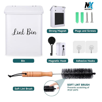 Magnetic Lint Bin for Laundry Room, Dryer lint bin Shiny White | galvanized metal body 1 Soft Lint Brush Included, 1 Magnetic Hook Included, 2 adhasive Hooks Included, Space-Saving