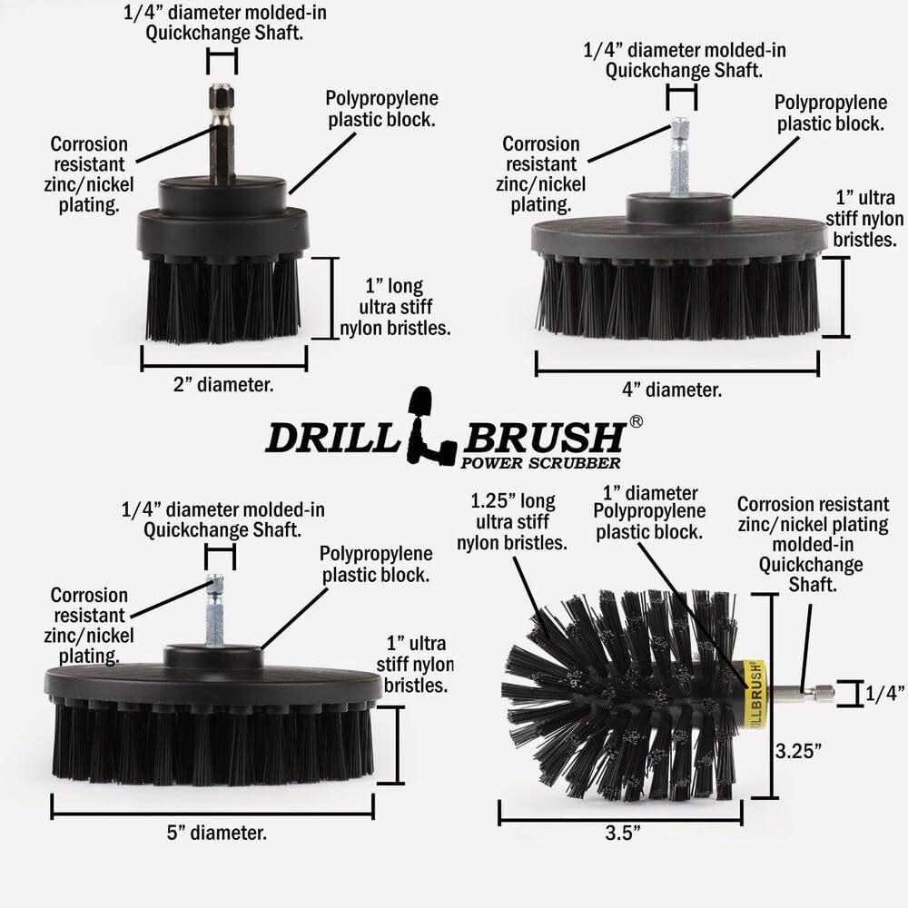 Drillbrush Electric Nylon Drill Brush Attachment Set for Bathroom Cleaning | Power Scrubber Brush Kit for Bathtub, Shower & Tile - Grout Cleaner Kit - All-Purpose Household Cleaning Brushes for Drill