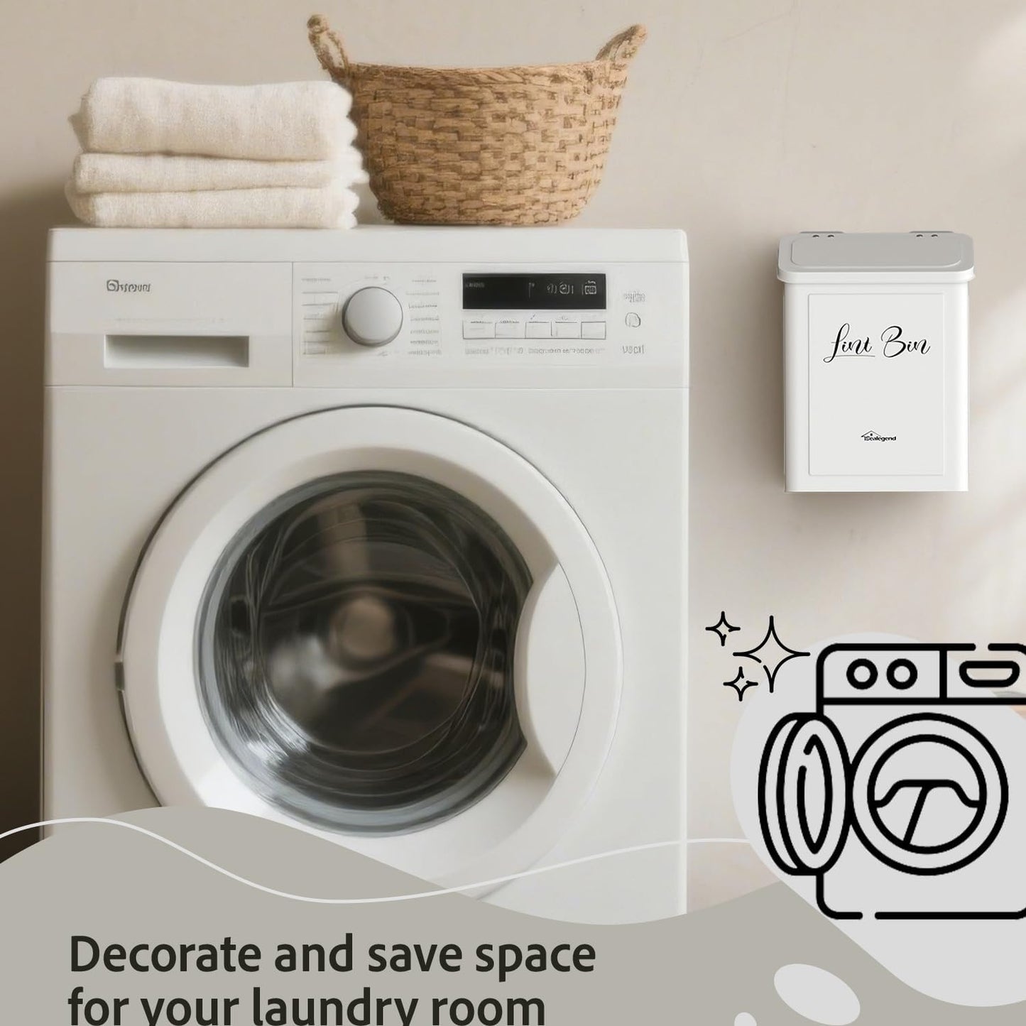 Sealegend Magnetic Metal Lint Bin with Lid, Trash Can with Brush, White | Collect Dryer Lint Easily, Space-Saving Laundry Room Organization & Storage