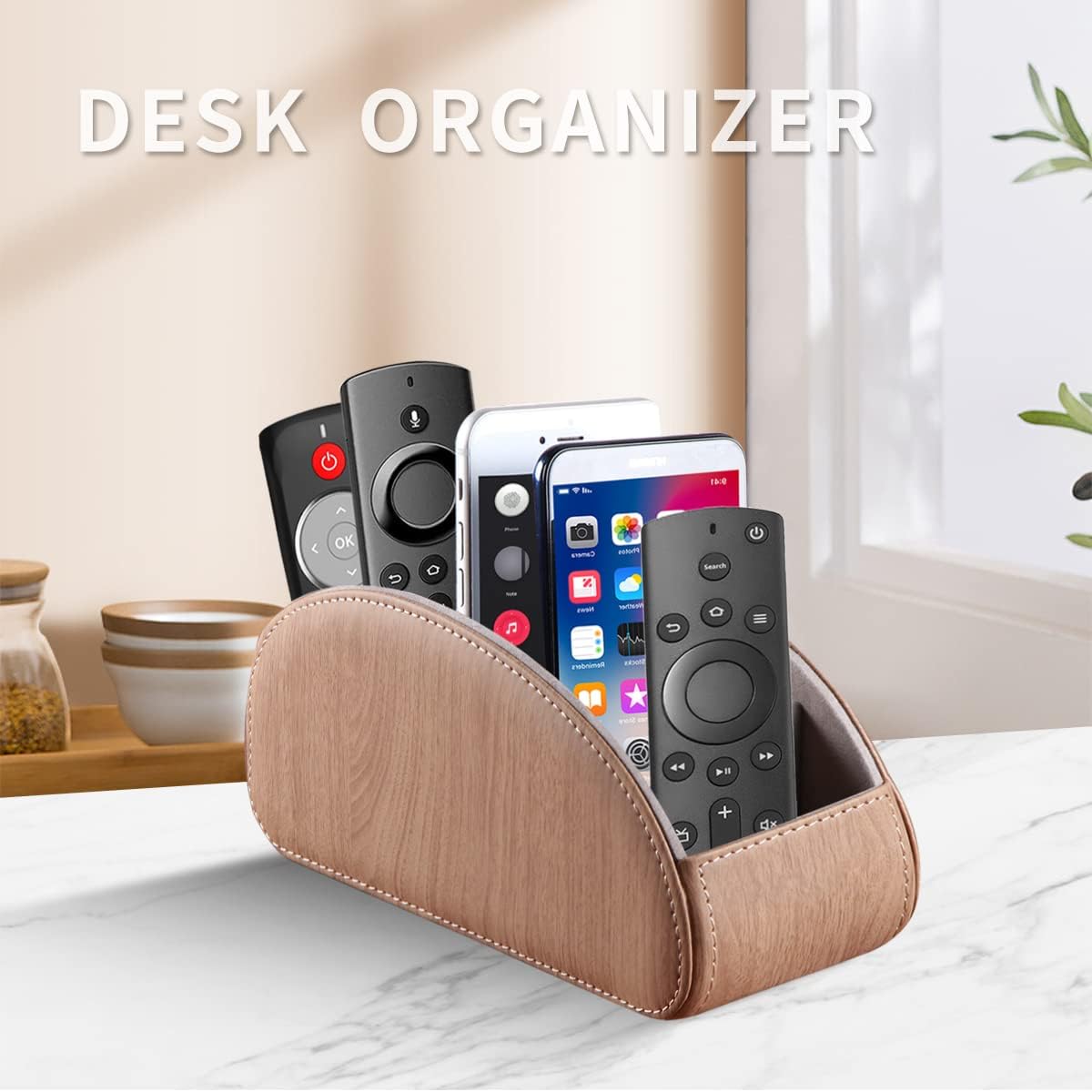 Pu Leather TV Remote Control Holder with 5 Compartments,Remote Caddy/Tray | Bedside Table Desk Storage Box/Organizer for Pen,DVD,Blu-Ray,Media Player,Heater Controller,Cosmetics,Glasses,Office Supplies