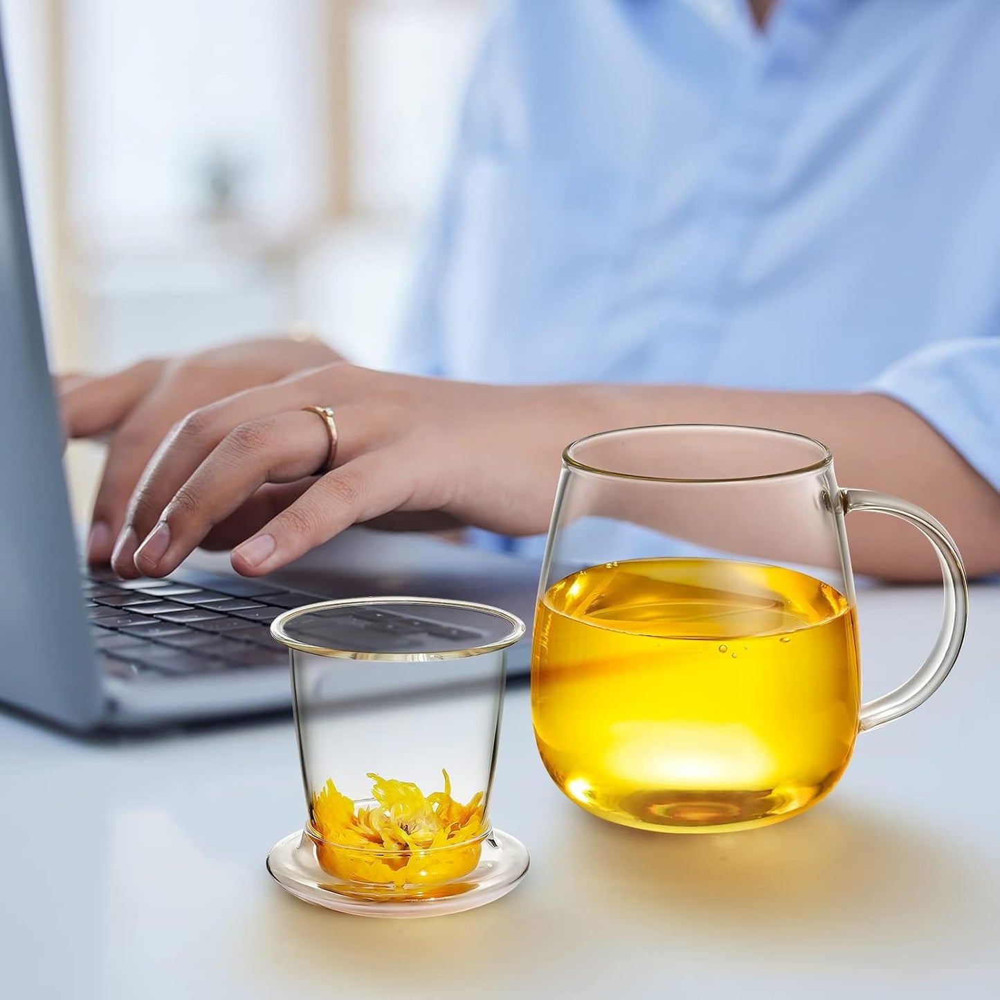 Glass Tea Infuser Cup with Lids and Handle for Blooming & Loose Leaf, 14oz | Borosilicate, Heat Resistance, Lead-free, Microwave & Dishwasher Safe