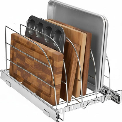 Pull Out Organizer for Bakeware, Cutting Board and Trays, 8.5"W x 21"D | Stores Cutting Board and Trays, Adjustable Dividers, Heavy Duty, Lifetime Limited Warranty - For Narrow Cabinet Spaces