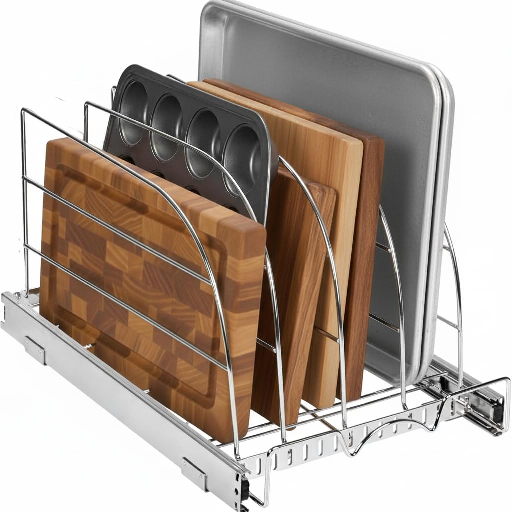 Pull Out Organizer for Bakeware, Cutting Board and Trays, 8.5"W x 21"D | Stores Cutting Board and Trays, Adjustable Dividers, Heavy Duty, Lifetime Limited Warranty - For Narrow Cabinet Spaces