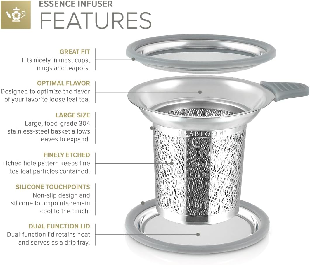 Teabloom Elegant Stainless Steel Loose Leaf Tea Infuser with Lid & Drip Tray – Extra Fine Mesh Basket for Mugs, Cups & Small Teapots – Food Grade Materials, Dishwasher Safe