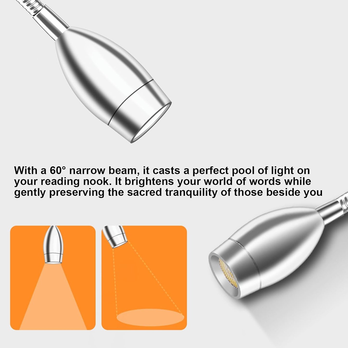 Wall Mounted LED Reading Light with 15" Flexible Gooseneck, Dimmable Book Light for Reading In Bed with USB Charging Port, Plug In Headboard Night Lights, 3 Colors Temperature, Touch Control-2 Pack