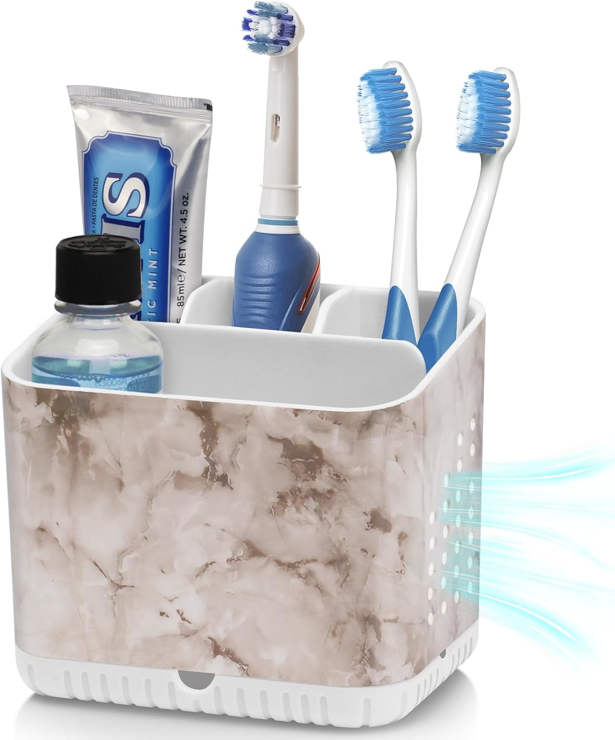 Bathroom Toothbrush Holders, Toothbrush and Toothpaste Holder (Wood Grain) | Easy To Clean, Drainage, Removable, Non-Slip, 4 Slots Tooth Brush Holder for Bathroom Countertop Organizer