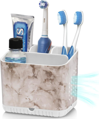 Bathroom Toothbrush Holders, Toothbrush and Toothpaste Holder (Wood Grain) | Easy To Clean, Drainage, Removable, Non-Slip, 4 Slots Tooth Brush Holder for Bathroom Countertop Organizer