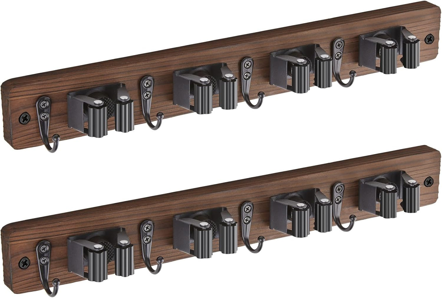 OUTNILI Mop and Broom Holder Wall Mount - Wood Broom Mop Hanger - Wall Mounted Garden Tool Rack Organizer for Closet Garage Laundry Room, Rustic Kitchen Decor With 4 Slots & 4 Hooks