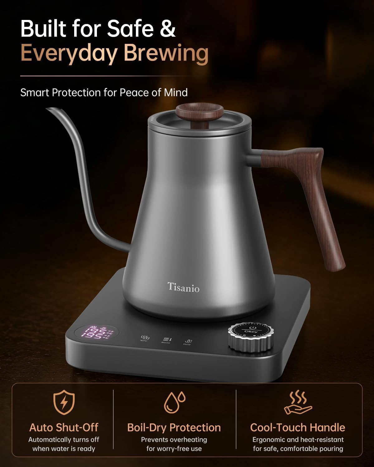 Gooseneck Electric Kettle with Temperature Control, 0.9L, Black | ±1°F Precision Pour Over Kettle, LCD Dual Display, Smart Two-Stage Heating, 2H Keep Warm, 304 Stainless Steel Interior