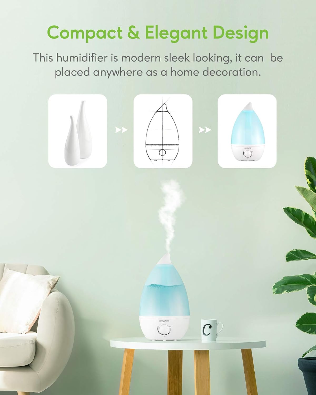 MEGAWISE 3.5L Cool Mist Humidifier – Ultra-Quiet Ultrasonic Vaporizer with Top-Fill Design, Essential Oil Diffuser, 7-Color Night Light & Auto Shut-Off