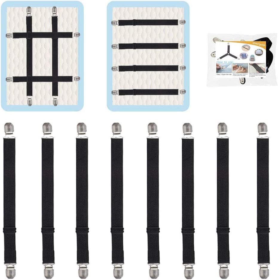 Adjustable Bed Sheet Straps Clips, Elastic Mattress Sheet Fasteners Holder and Suspenders, Grippers to Hold Sheet, Mattress, Sofa, Couch, Table Cloth, Recliner Ironing Board Cover and More