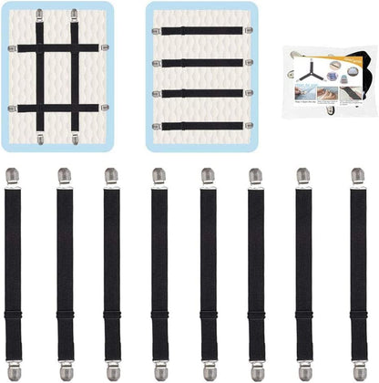 Adjustable Bed Sheet Straps Clips, Elastic Mattress Sheet Fasteners Holder and Suspenders, Grippers to Hold Sheet, Mattress, Sofa, Couch, Table Cloth, Recliner Ironing Board Cover and More
