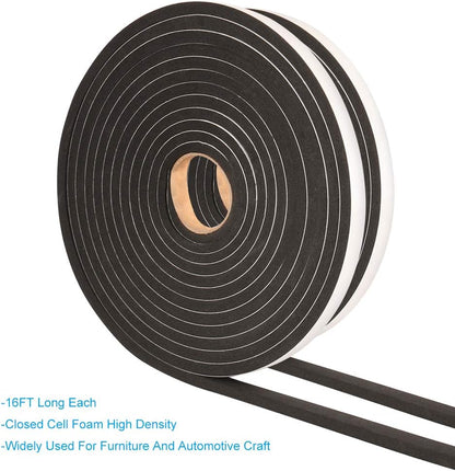 2 Rolls Foam Seal Tape for Door Window Insulation, Soundproof and Shockproof Foam Adhensive Strip, 3/8" Wx3/16 T Single Sided Foam Tape, Cold Air and Draft Closed Cell Seal Strip,Total 32FT