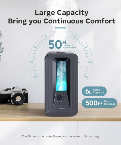 BREEZOME 6L Humidifiers for Bedroom, Cool Mist Top Fill Humidifier with Aroma Diffuser, Humidistat, Night Light, 50H Runtime, Quiet Ultrasonic Humidifiers for Home Large Room, Baby Nursery, Plants | Top Fill, Sleep Mode Ultrasonic Quiet 25dB, Aroma