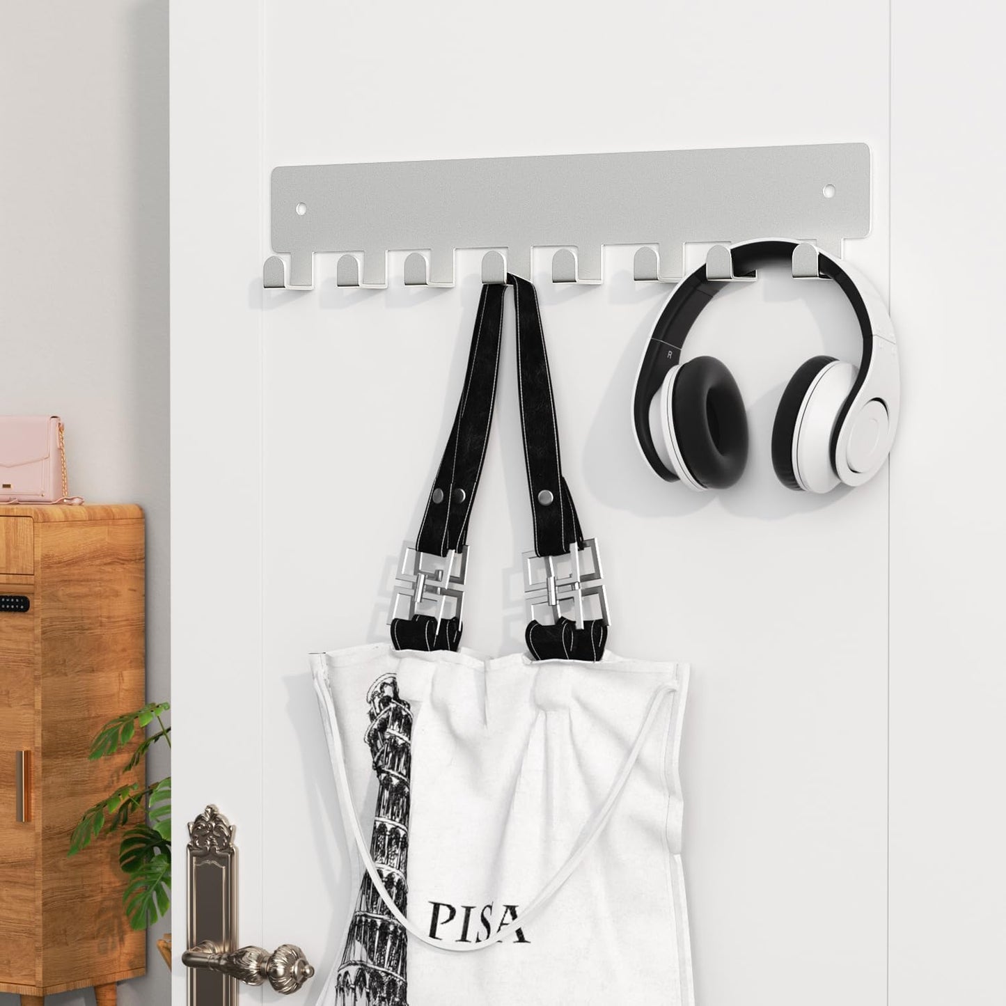 pickpiff Key Holder Wall Mount, Adhesive Key Rack with 8 Hooks Hanger for Car Key Ring, Metal Key Chain Organizer, Black 1 Pack