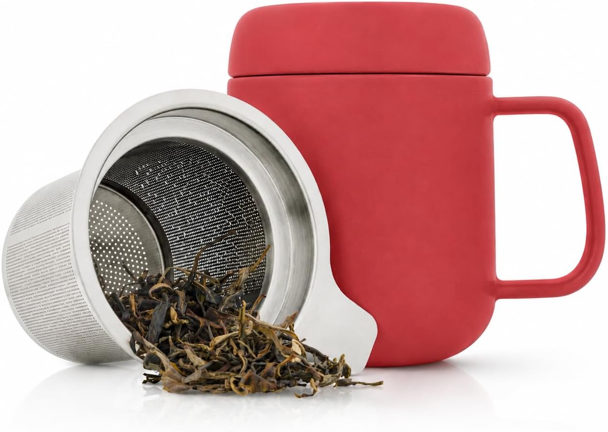 Tealyra - Sumo Porcelain Loose Tea Steeping Mug - 15oz/450 ml Ceramic Tea Cup with Infuser and Lid/Coaster - Extra Fine Stainless Steel Infusion Strainer - For Home or Office - Yellow