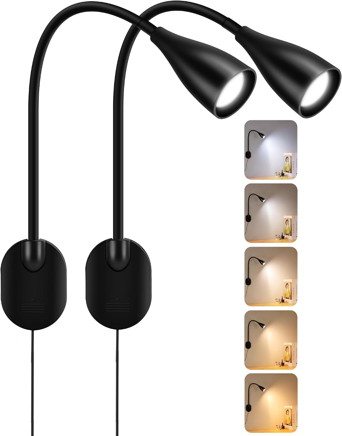2 Pack LED Wall Mounted Bedside Reading Light, 3 Color Modes,10 Brightness Dimmable, USB Charging Port, Memory Timer Adhesive Wall Light Night Lamp for Books in Bed, Eye-Caring Bedroom Lighting White