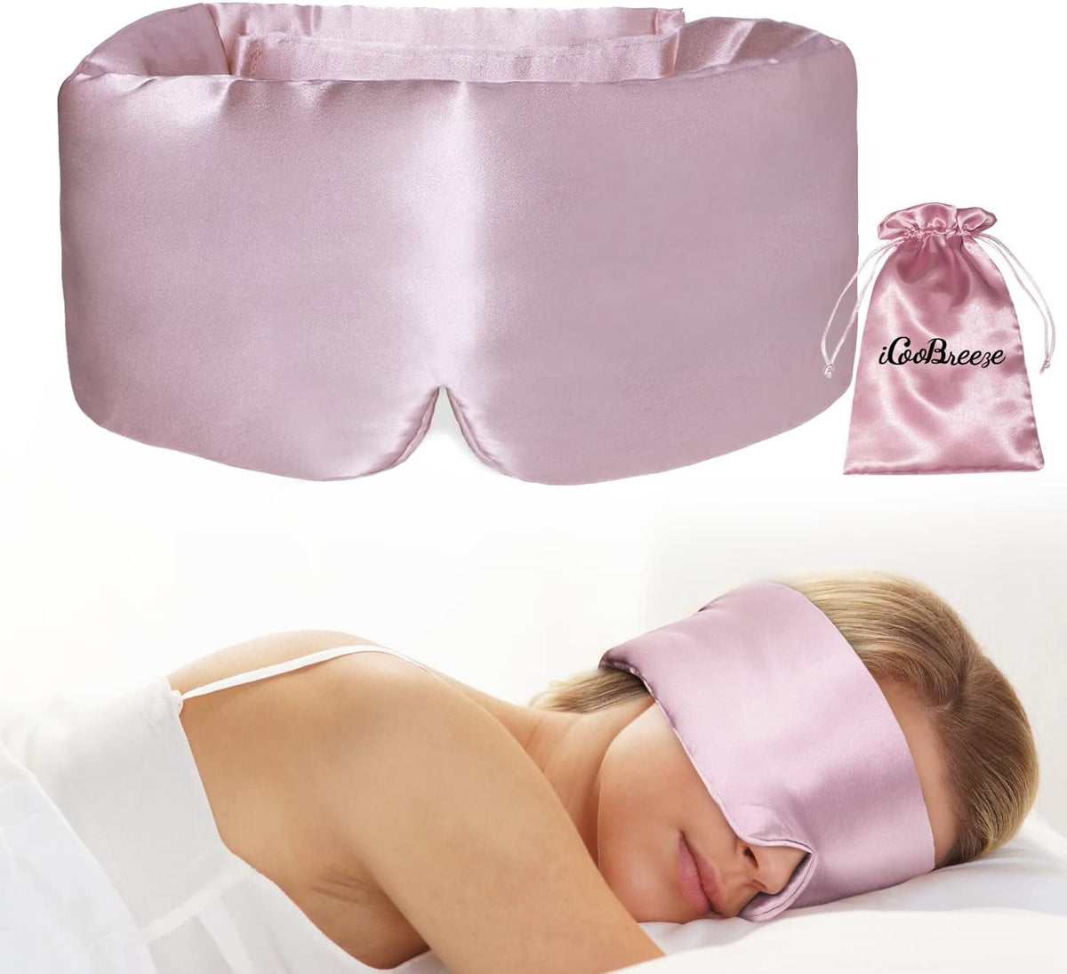 100% Natural Silk Eye Mask for Women Men, Soft Pressureless Cooling Blackout Eye Covers for Sleeping, Large Size Sleep Mask fits All Heads Adjustable, 1PC, Black