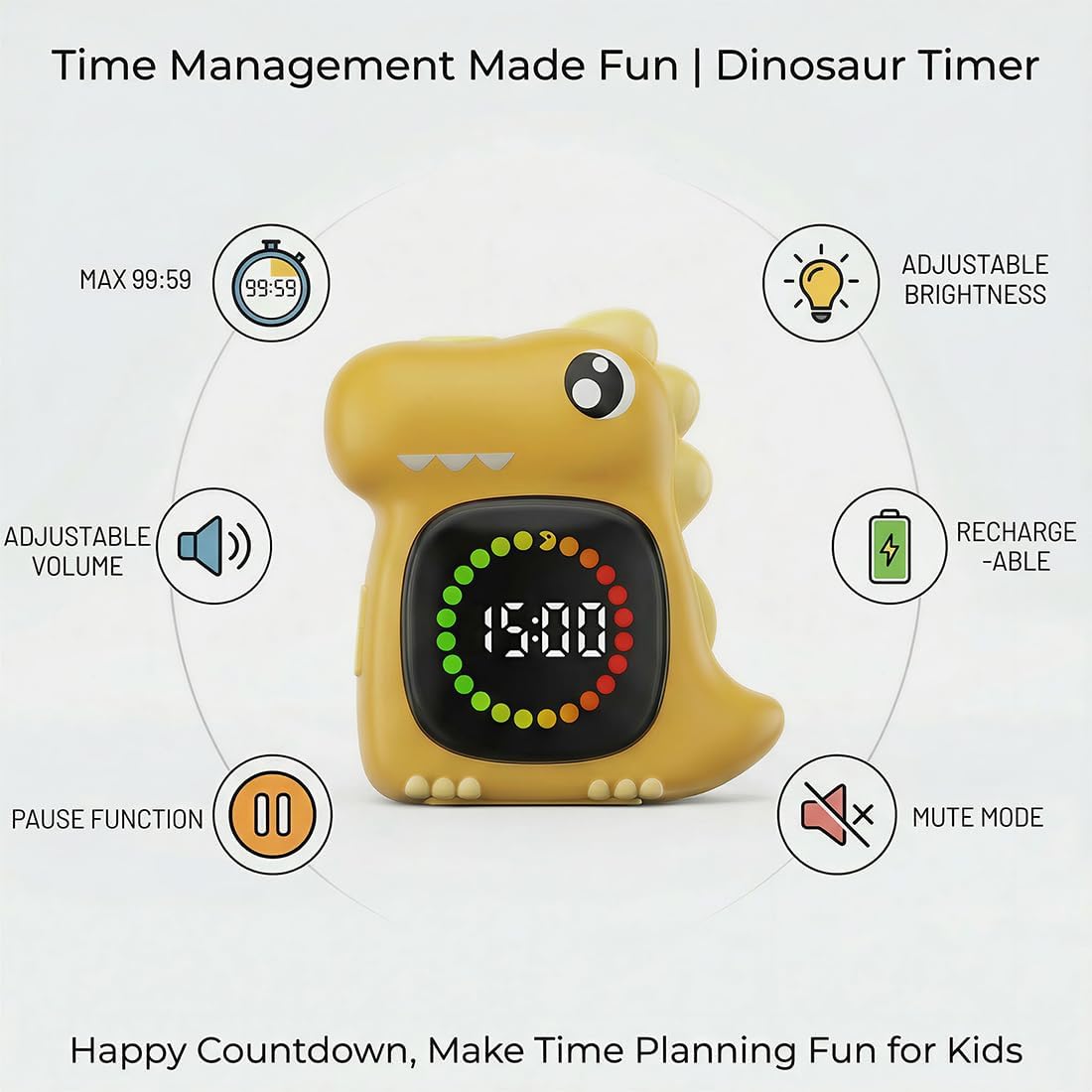 Pink Dinosaur Visual Timer for Kids, Girls Potty Training Timer | Color Countdown, Rechargeable, LED Screen, 99 Minute, Toddler, Children, Transition, 2-Min Toothbrush Setting, Hand Washing