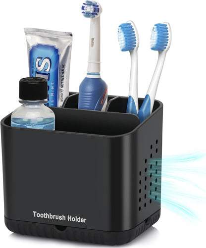 Bathroom Toothbrush Holders, Toothbrush and Toothpaste Holder (Wood Grain) | Easy To Clean, Drainage, Removable, Non-Slip, 4 Slots Tooth Brush Holder for Bathroom Countertop Organizer