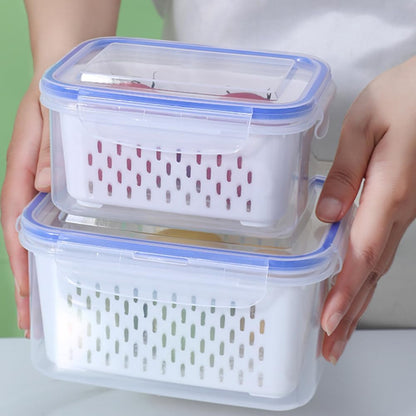 2pcs Fruit Storage Containers for Fridge, Airtight Food Saver Containers with Removable Colander & Lid, Stackable Fridge Organizer Box Set to Keep Vegetables Fresh Longer(Clear White)