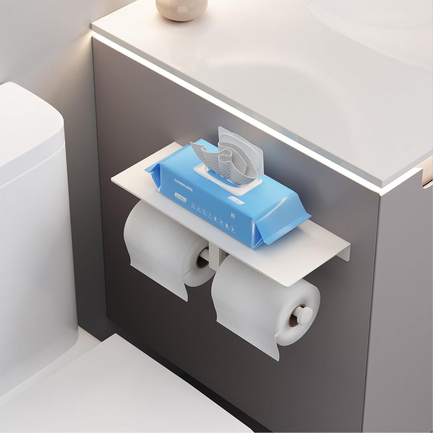 Matte Black Toilet Paper Holder with Shelf, Wall-Mounted Bathroom Organizer, Double Roll