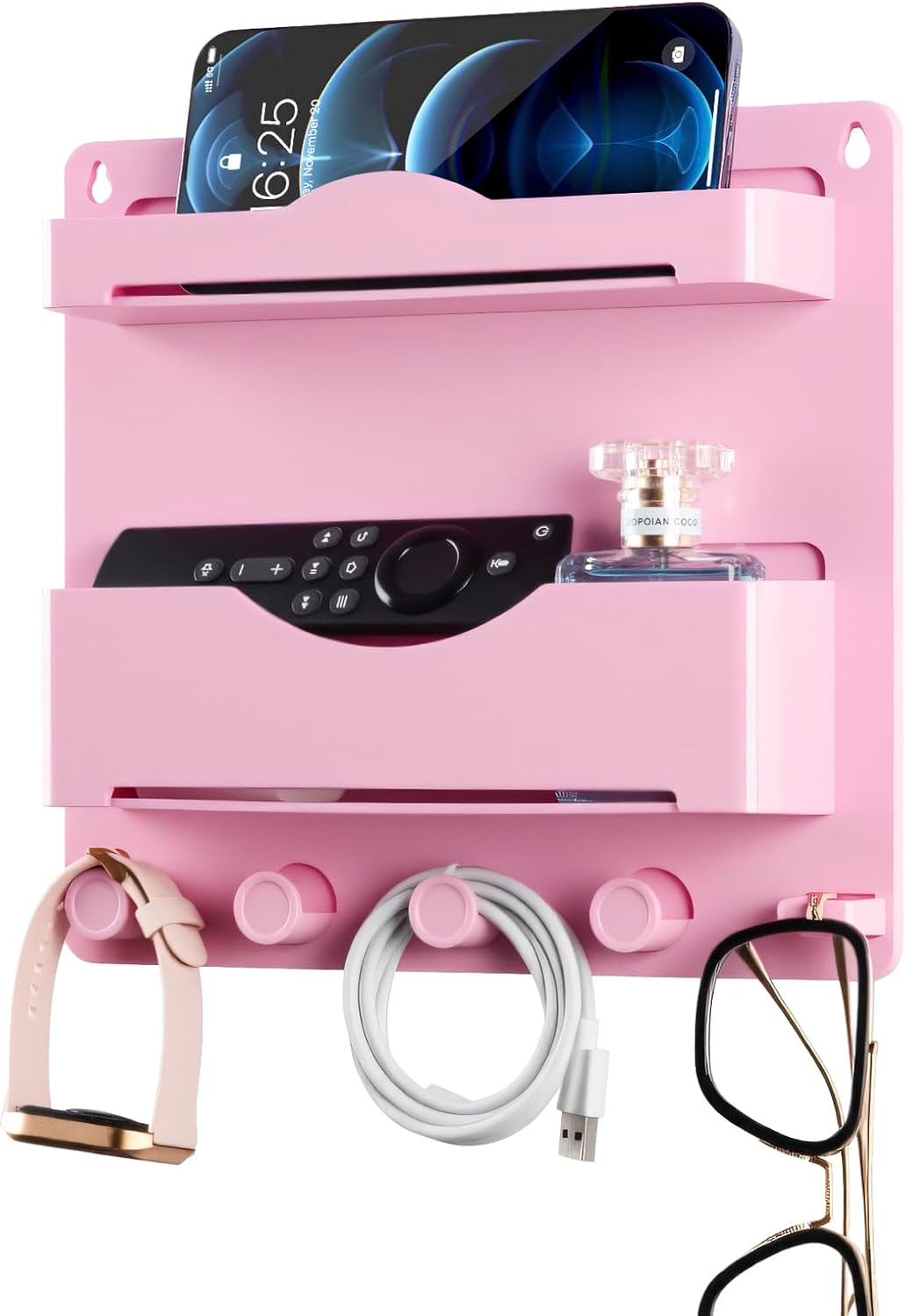 Bedside Wall Shelf with Glasses Hooks, Adhesive Bedside Organizer Wall Mount for Dorm and Room Accessories Phone，Remote，Earphone， Kindle (White)